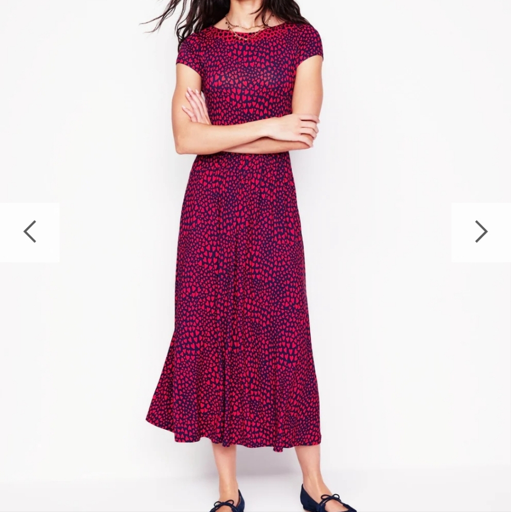 Boden Women's Melanie Jersey Midi Dress Blue Red Heart Print Short Sleeve 20-22R